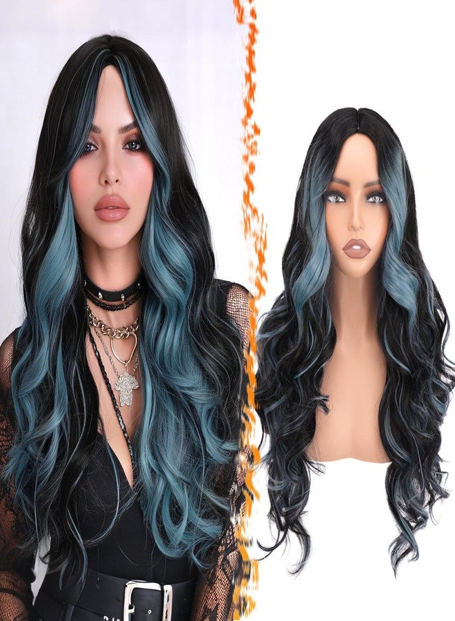 BARSDAR Black Teal Blue Highlight Long Wavy Wig with Curtain Bangs – 28 Inch Teal Blue Black Ombre Highlight Calico Wig for Women – Natural Looking Thick Soft Synthetic Party Halloween Gothic Costume - Image 1